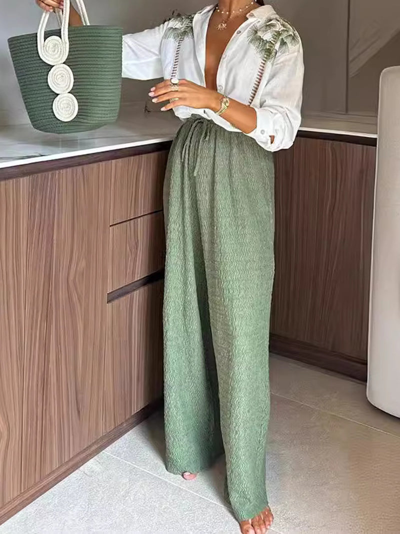 Graphic Print Blouse and Drawstring Pants Set