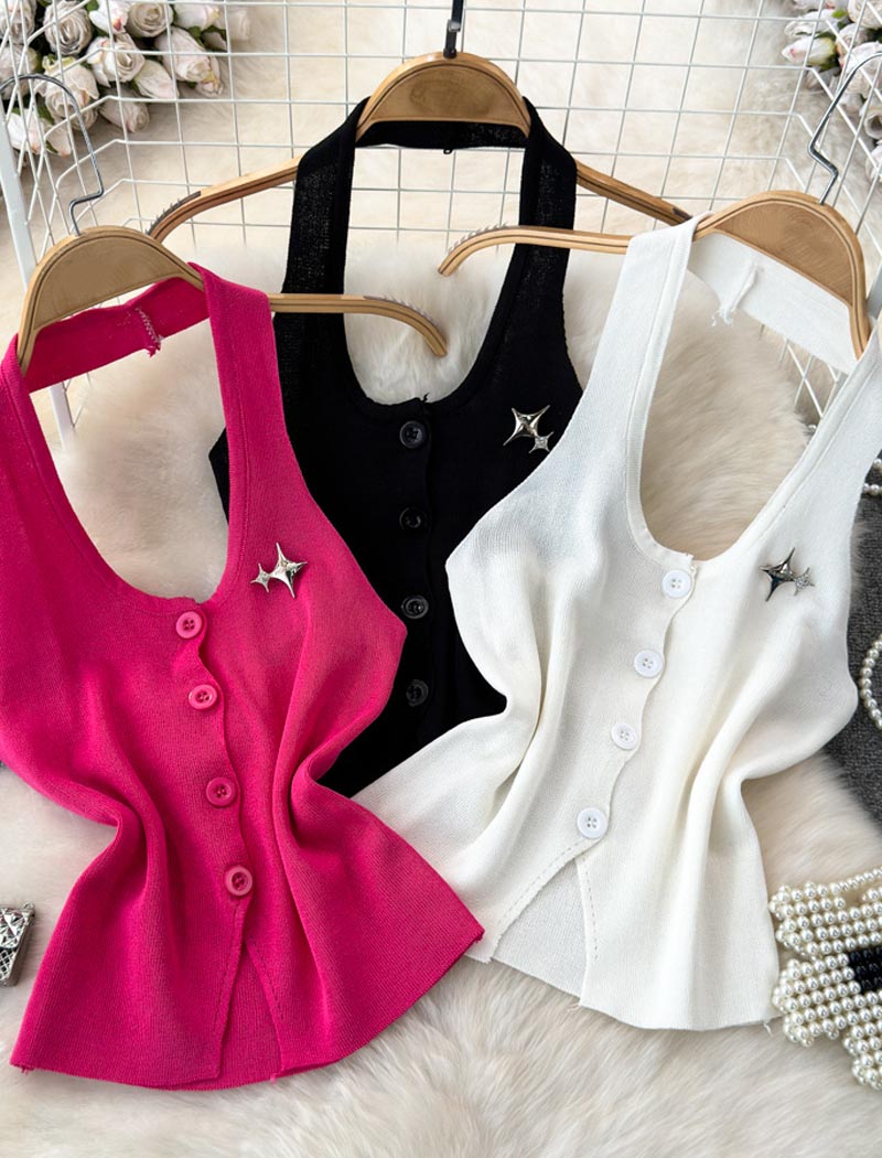 Sleeveless Button-Front Knit Vest