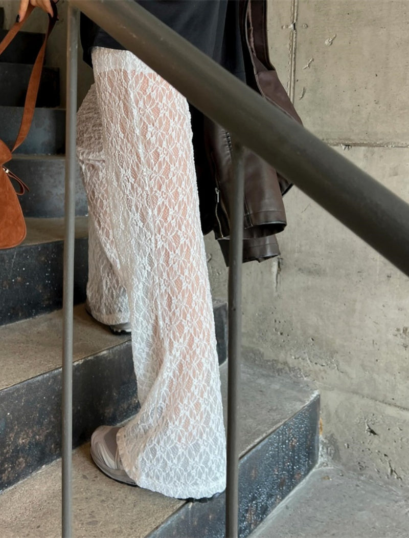 Sheer Lace Wide-Leg Pants