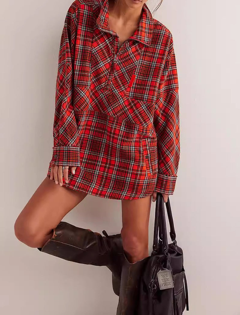 Half-Zip Collared Loose Plaid Pocket Shirt