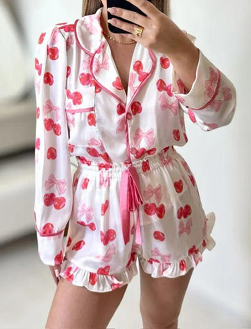 Heart Print Ruffle Short Pajama Set