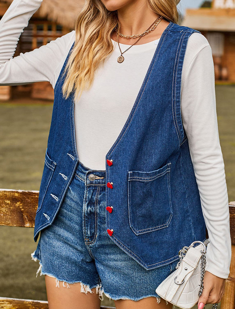 Button-Up Denim Vest with Pocket Detail
