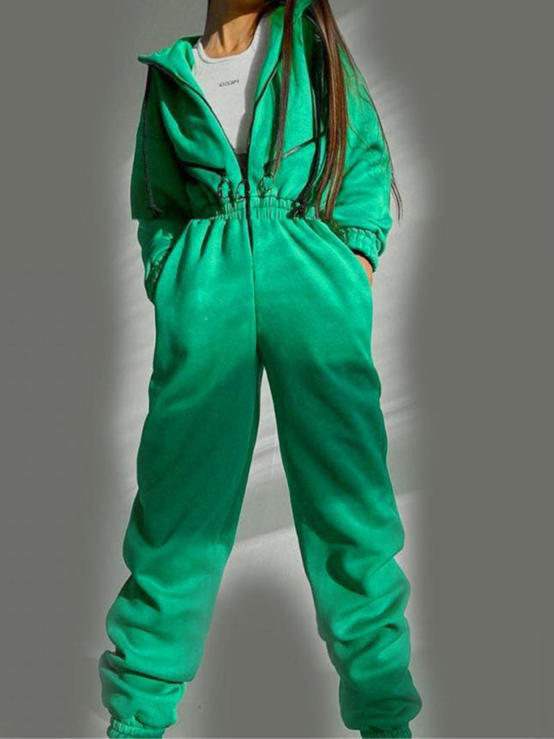 Drawstring Hooded Zip-Up Jumpsuit
