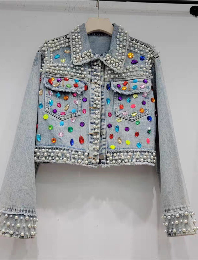 Cropped Denim Jacket with Embellished Accents