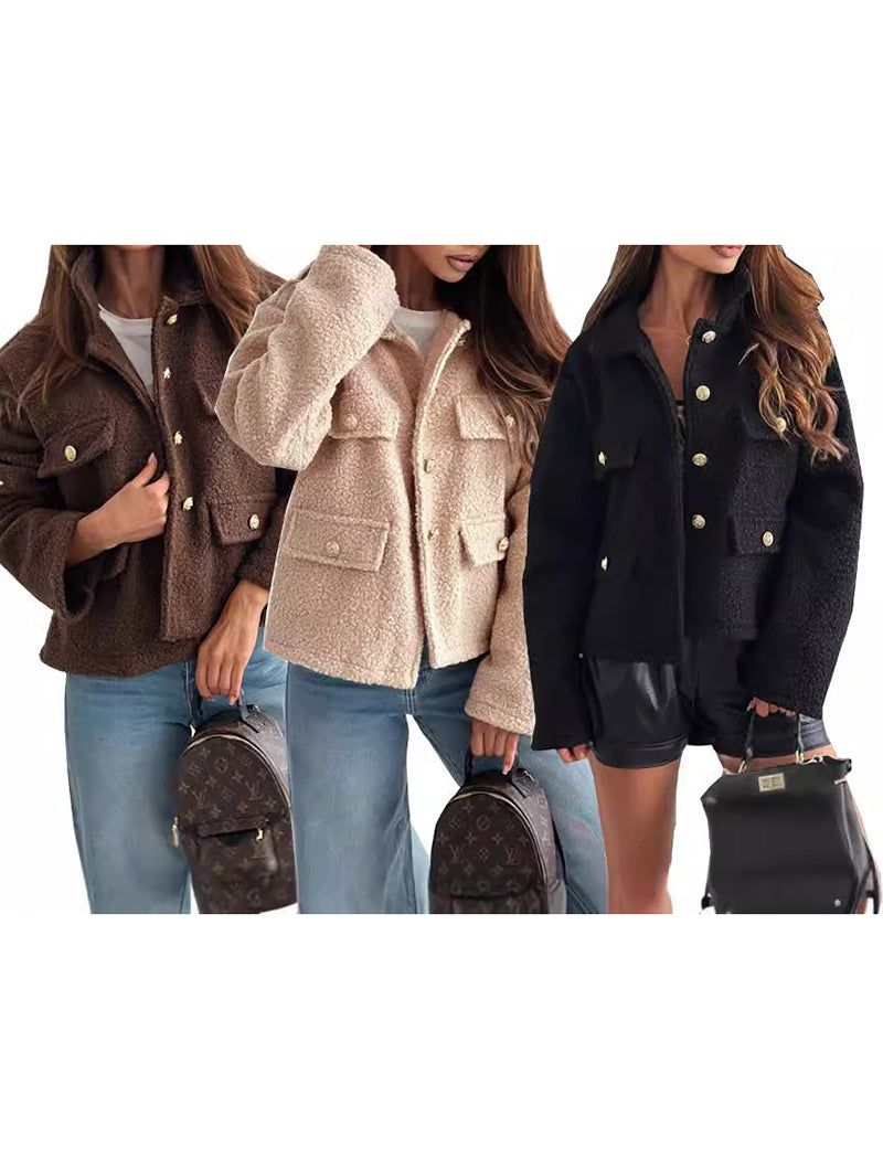 Double-Pocket Button-Up Fleece Jacket