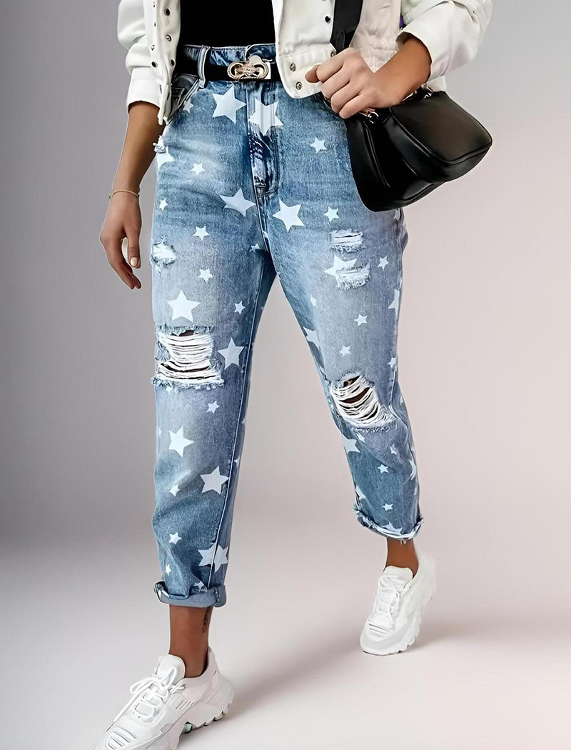 Star Print Distressed Boyfriend Jeans