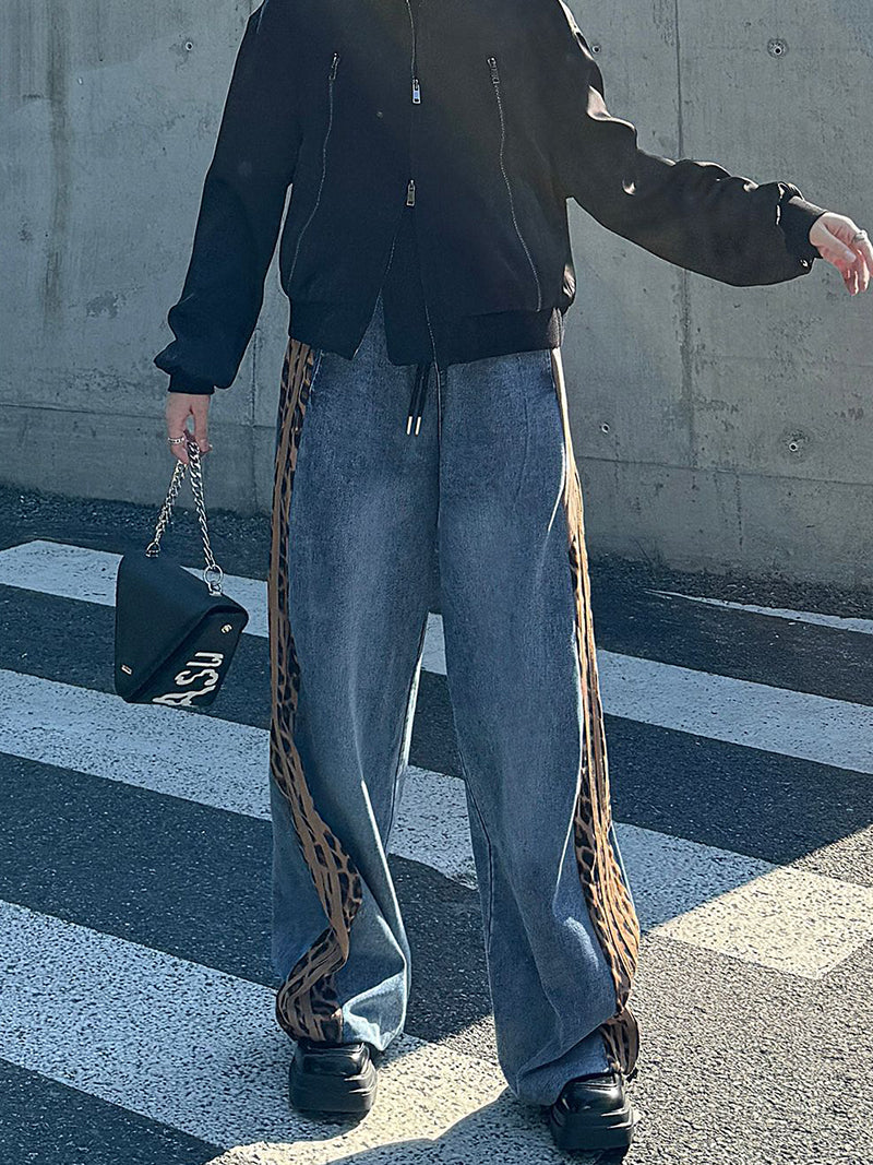 Leopard Print Patchwork Denim Pants