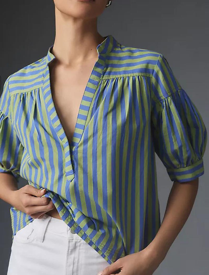 Striped V-Neck Puff Sleeve Blouse
