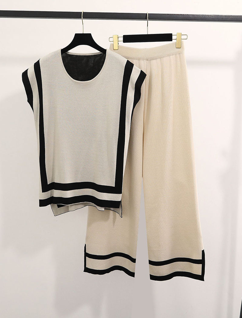 Color-Block Knit Sweater and High-Waisted Wide-Leg Pants Set