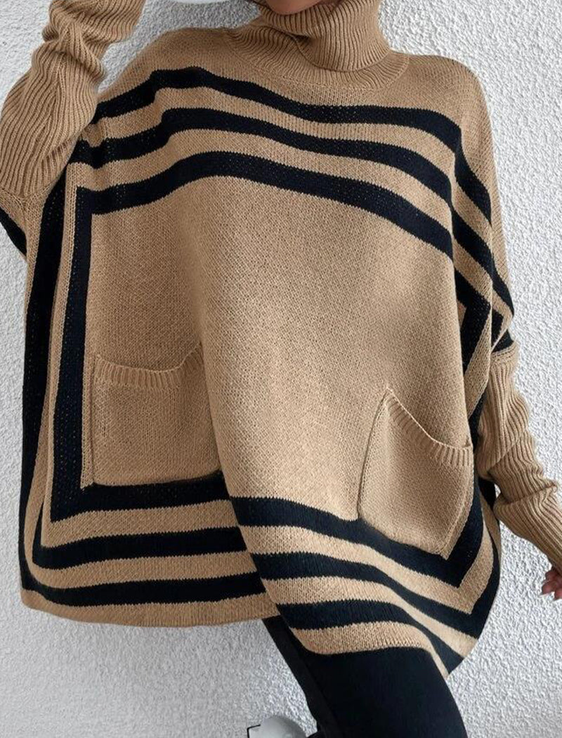 High Neck Striped Batwing Sleeve Cape Sweater