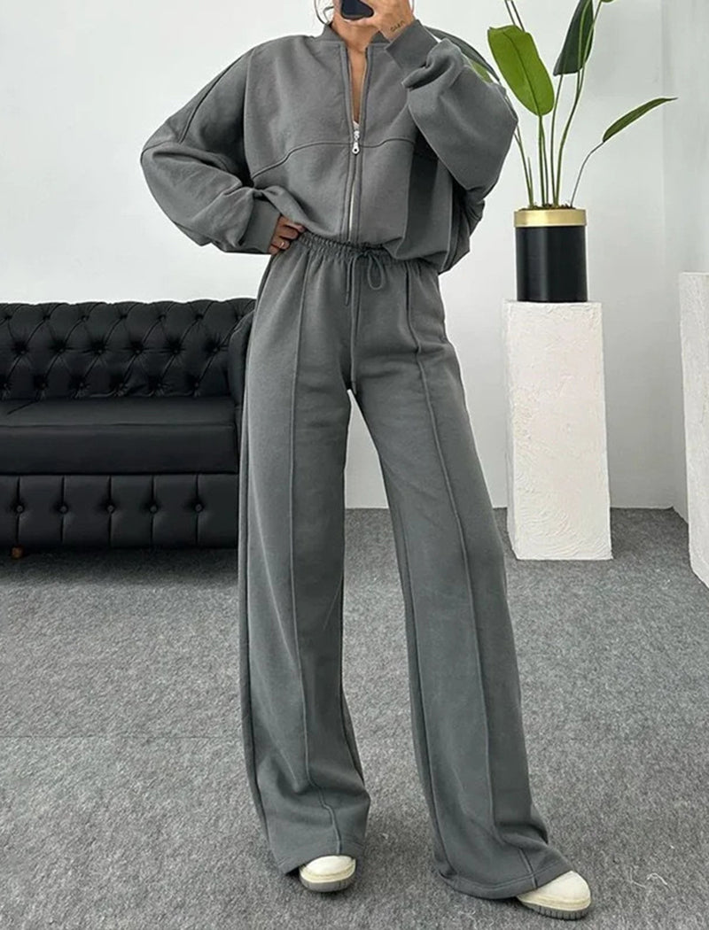 Zip-Up Jacket and Drawstring Wide-Leg Pants Set