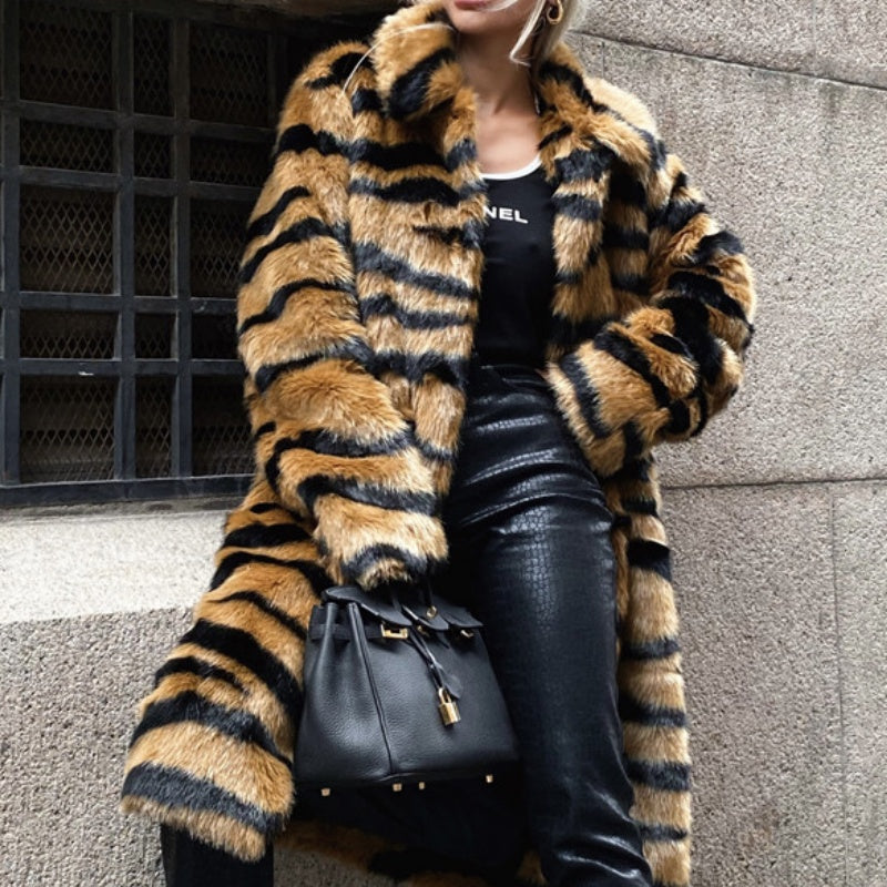 Tiger Stripe Faux Fur Long Coat