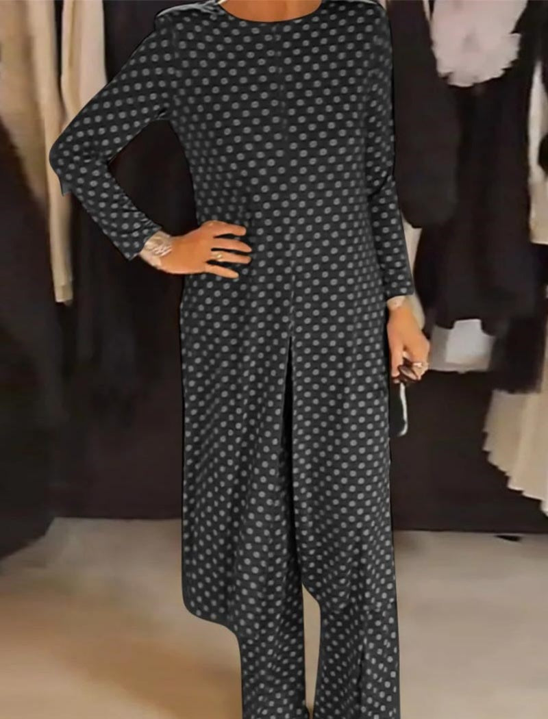 Crewneck Long Sleeve Split Polka Dot Pants Set