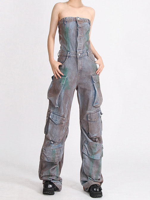 Strapless Distressed Utility Jumpsuit