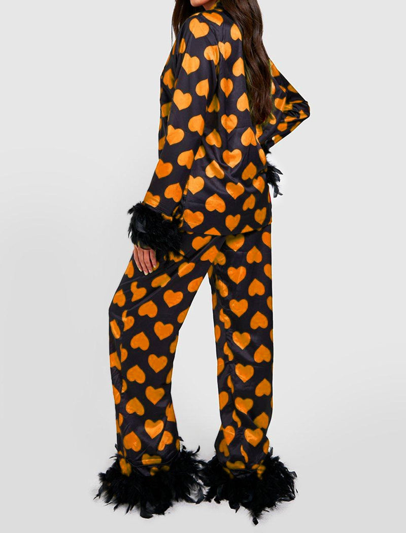 Heart Print Pajama Set with Feather Trim
