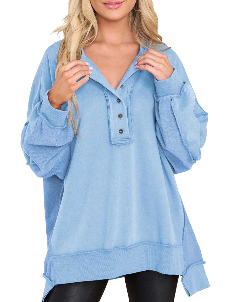 Buttoned V-Neck Oversized Hoodie