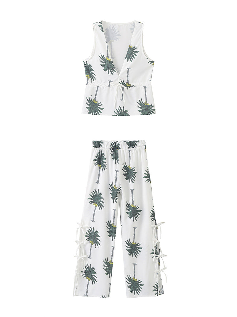 Palm Tree Print Vest and Pants Set