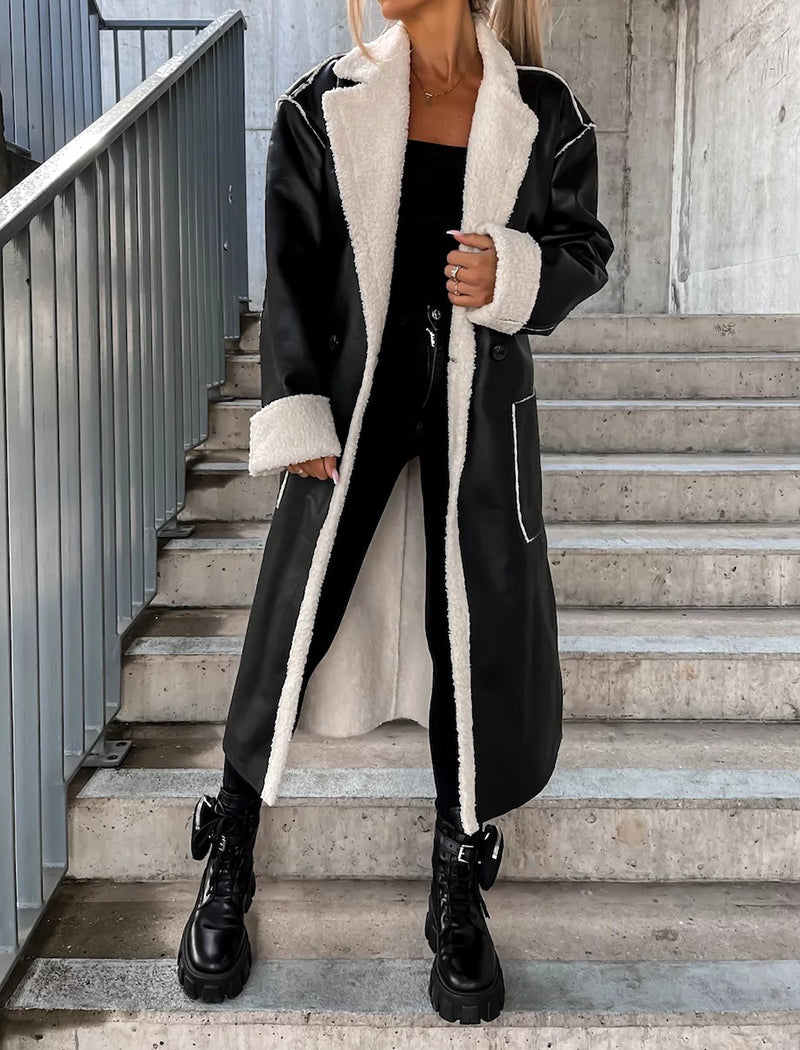 Belted Faux Leather Long Coat