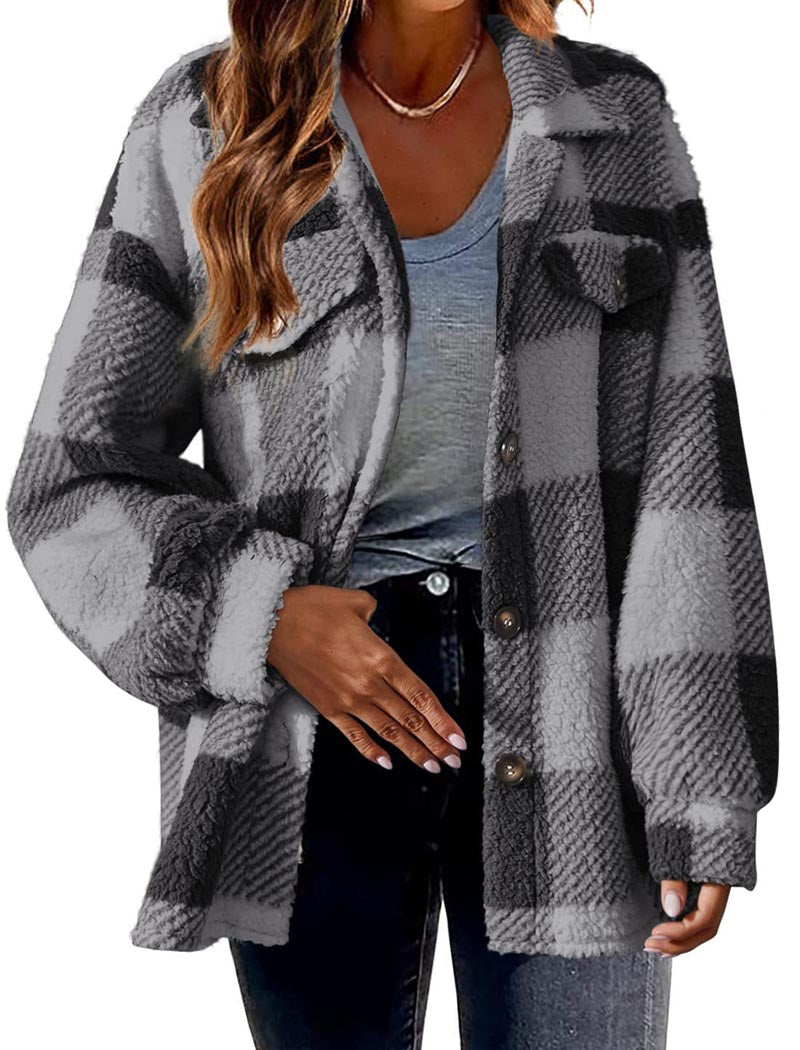 Plaid Sherpa Jacket with Button Closure