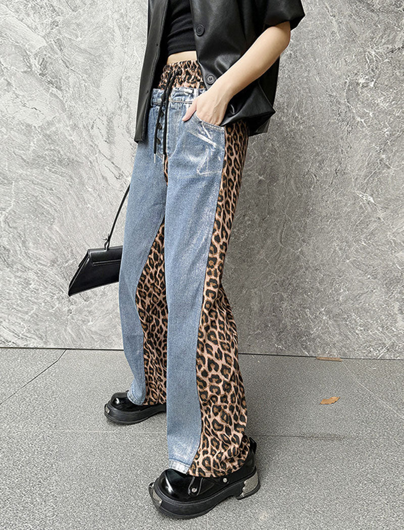 Contrast Panel Metallic Wide-Leg Jeans