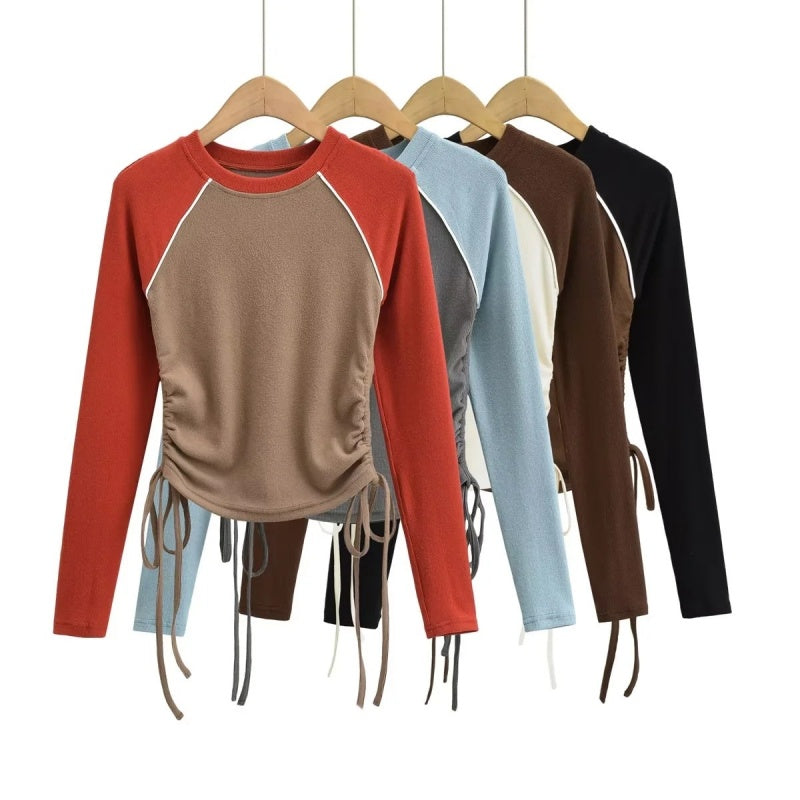 Colorblock Drawstring Long Sleeve Top