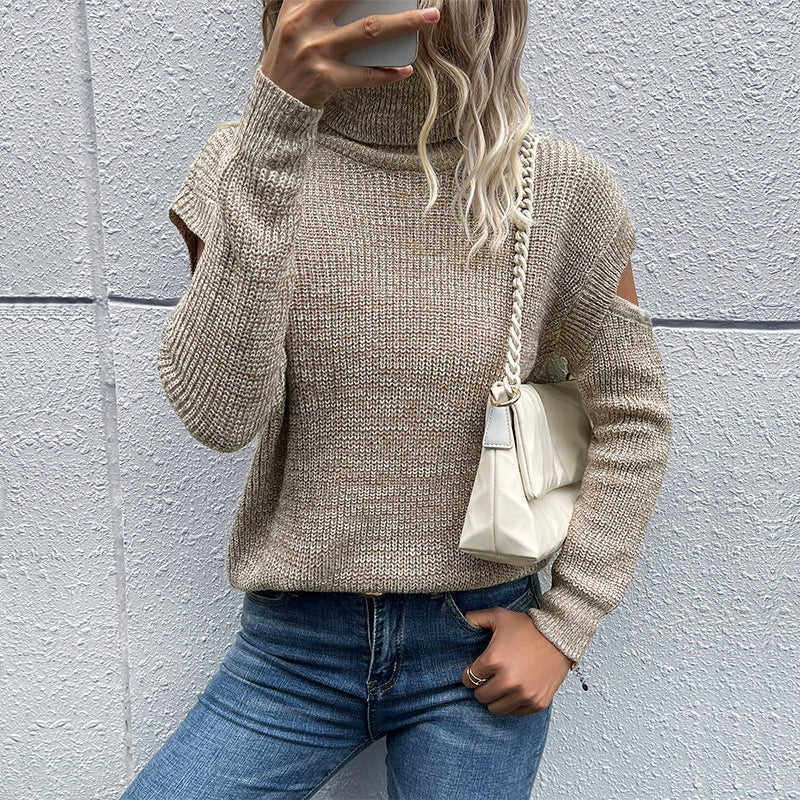 High-Neck Long-Sleeve Cutout Shoulder Sweater