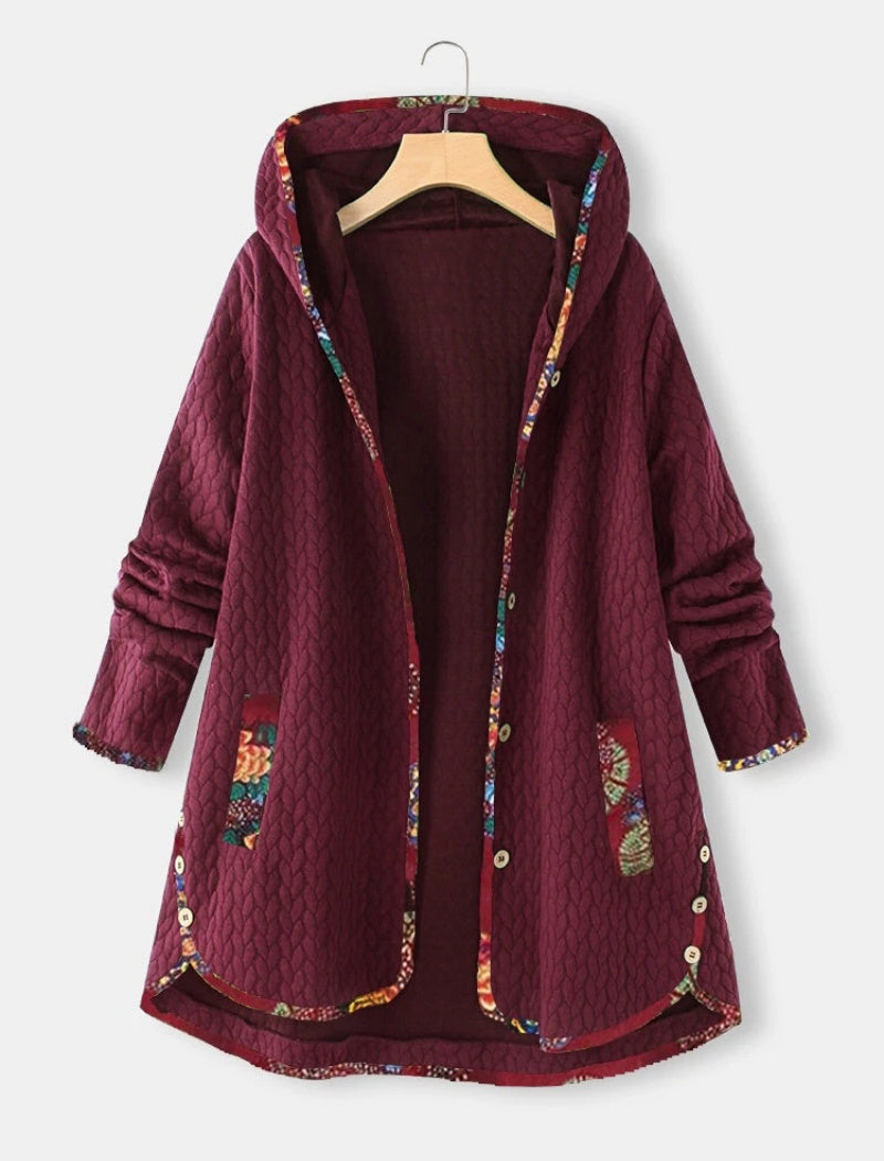 Quilted Hooded Long Jacket with Printed Lining