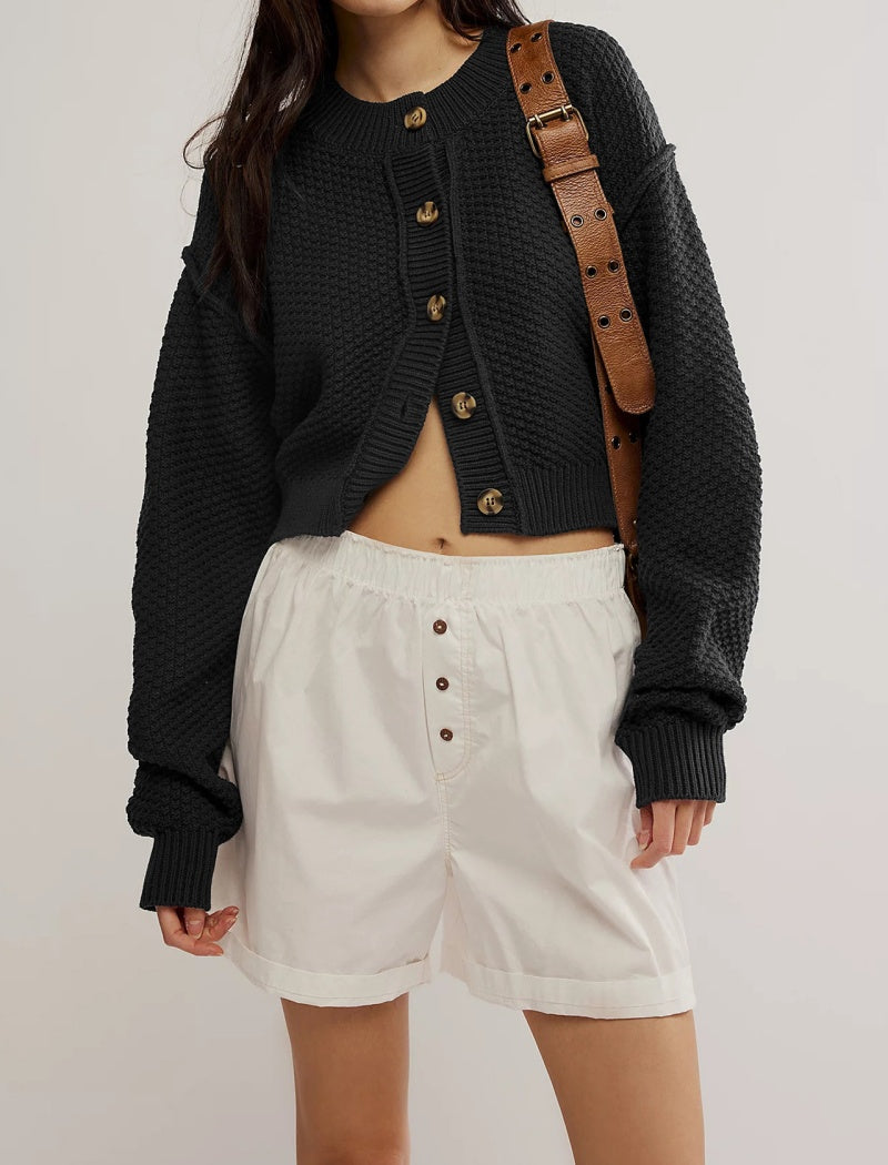 Cropped Button-Up Knit Cardigan