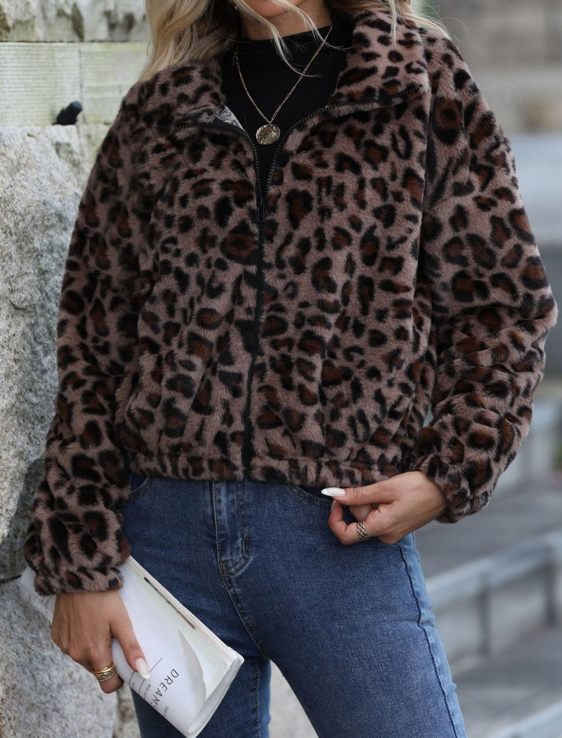 Cropped Animal Print Faux Fur Jacket