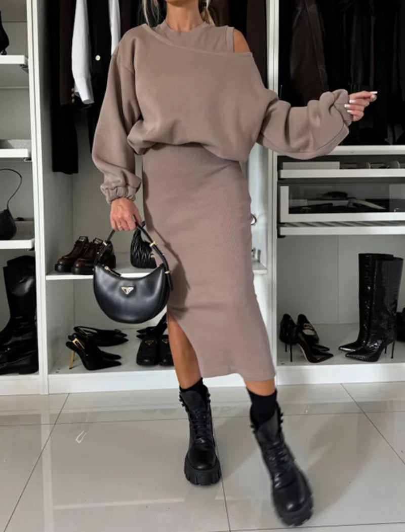 Ribbed Cut-Out Top with High-Waisted Skirt