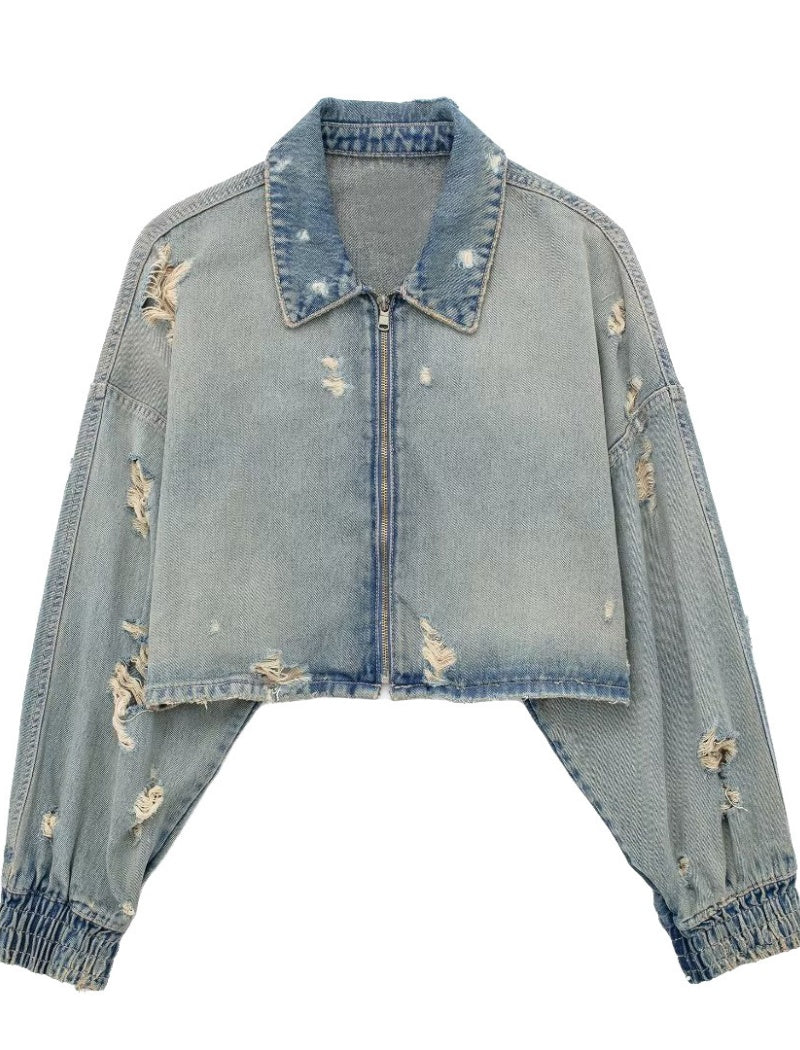 Cropped Distressed Denim Jacket