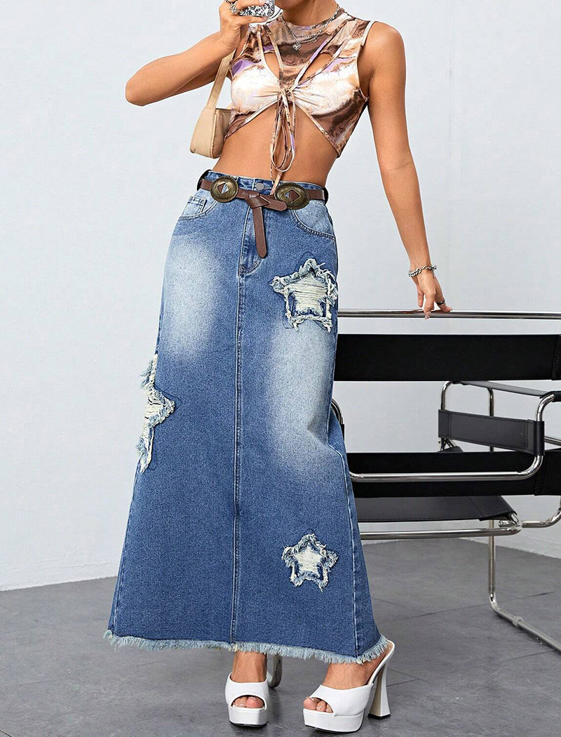 Distressed Denim Skirt with Star Details