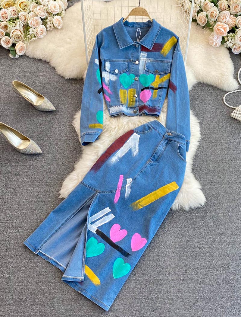 Painted Denim Jacket and Skirt Set
