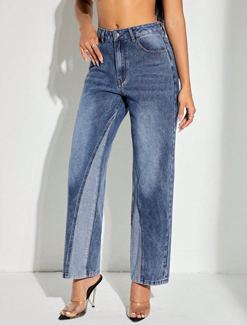 Colorblock Denim Straight-Leg Jeans