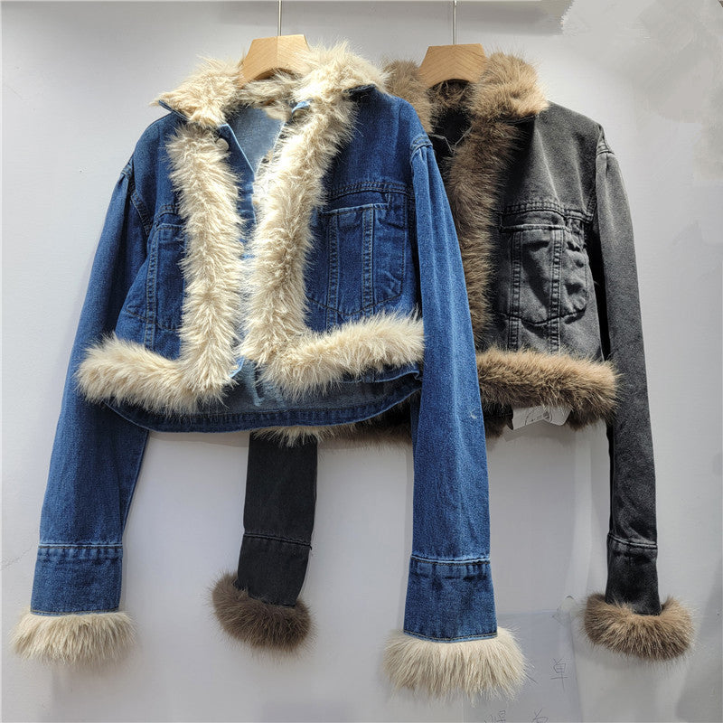 Cropped Denim Jacket with Fur Trim