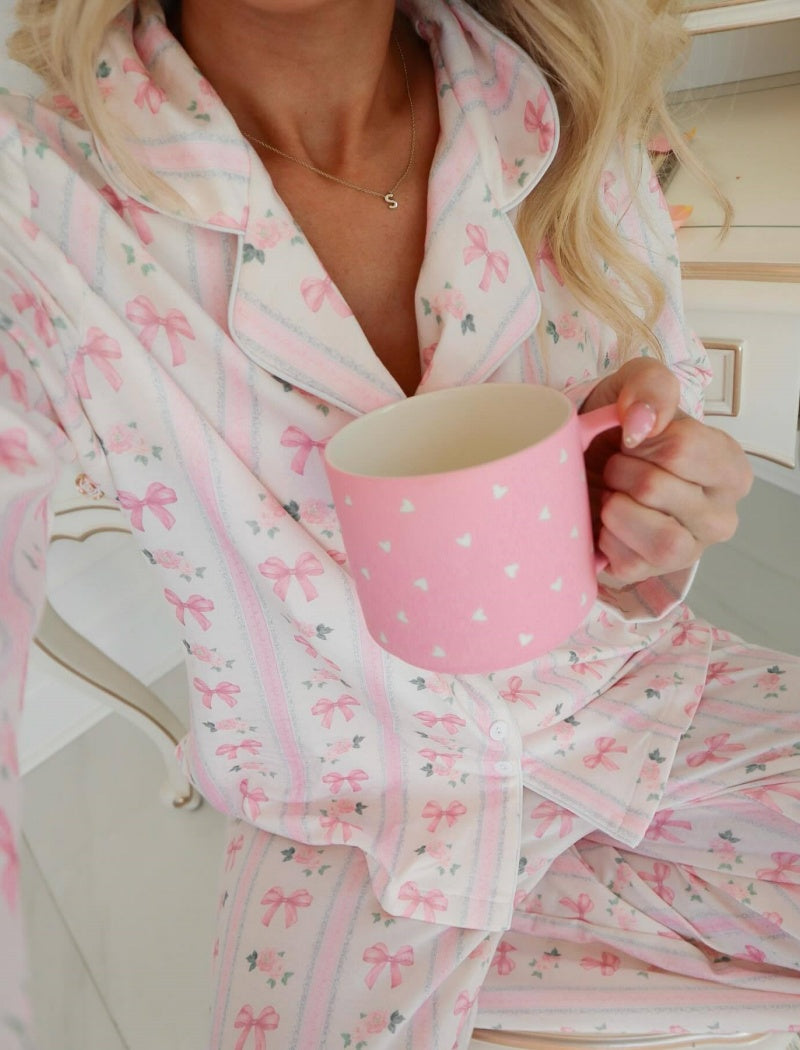 Long Sleeve Pajama Set with Bow Print