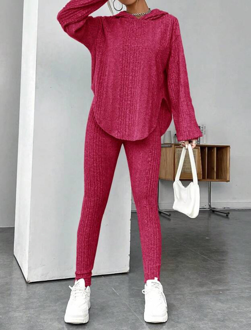 Solid Ribbed Loose Hooded Pants Set
