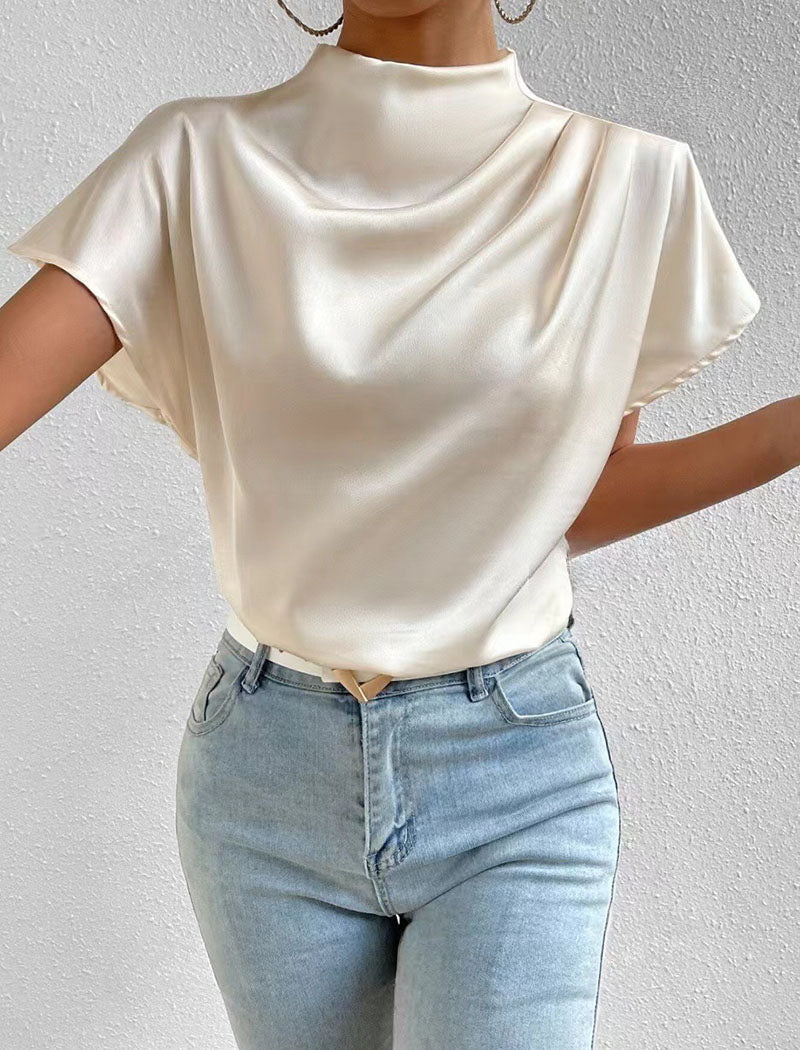 Satin Cowl Neck Short-Sleeve Blouse