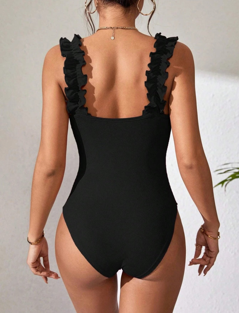 Ruffle Strap Ribbed Bodysuit