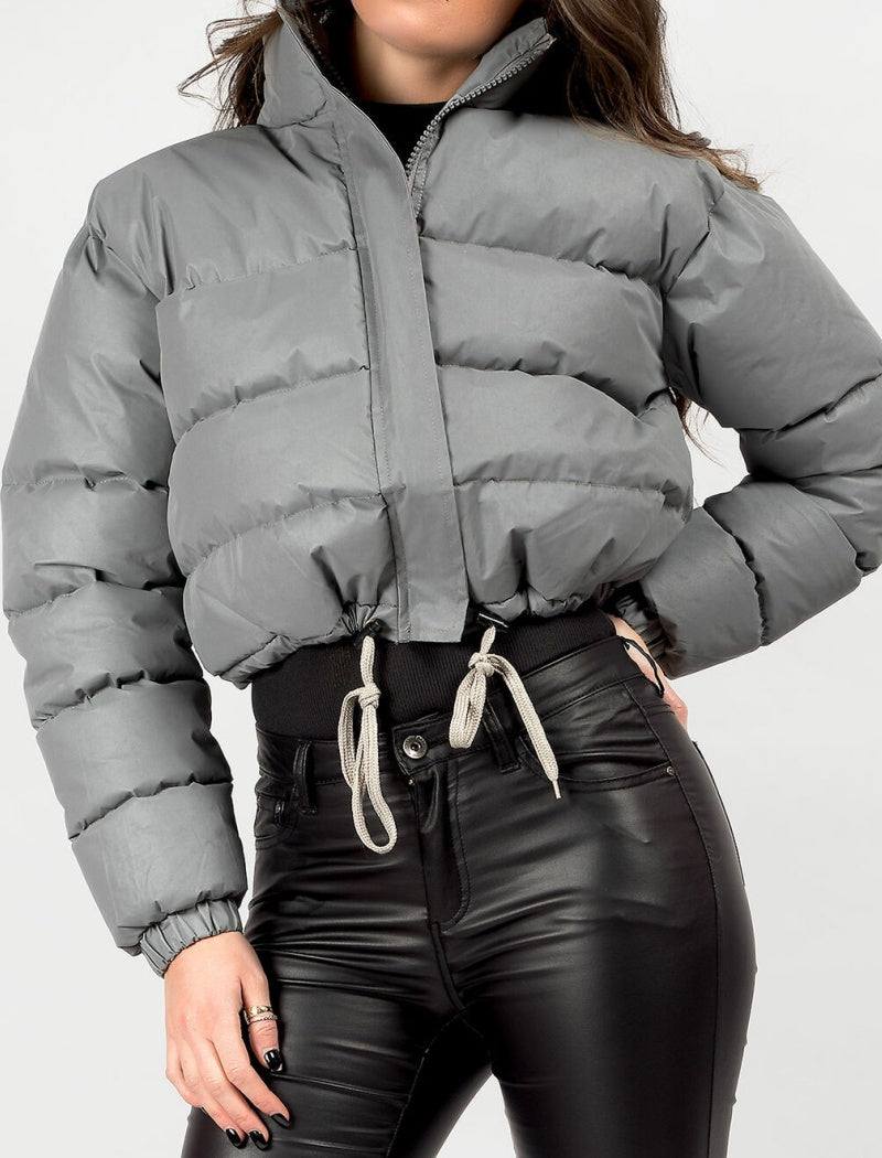 Cropped Puffer Jacket with Stand Collar