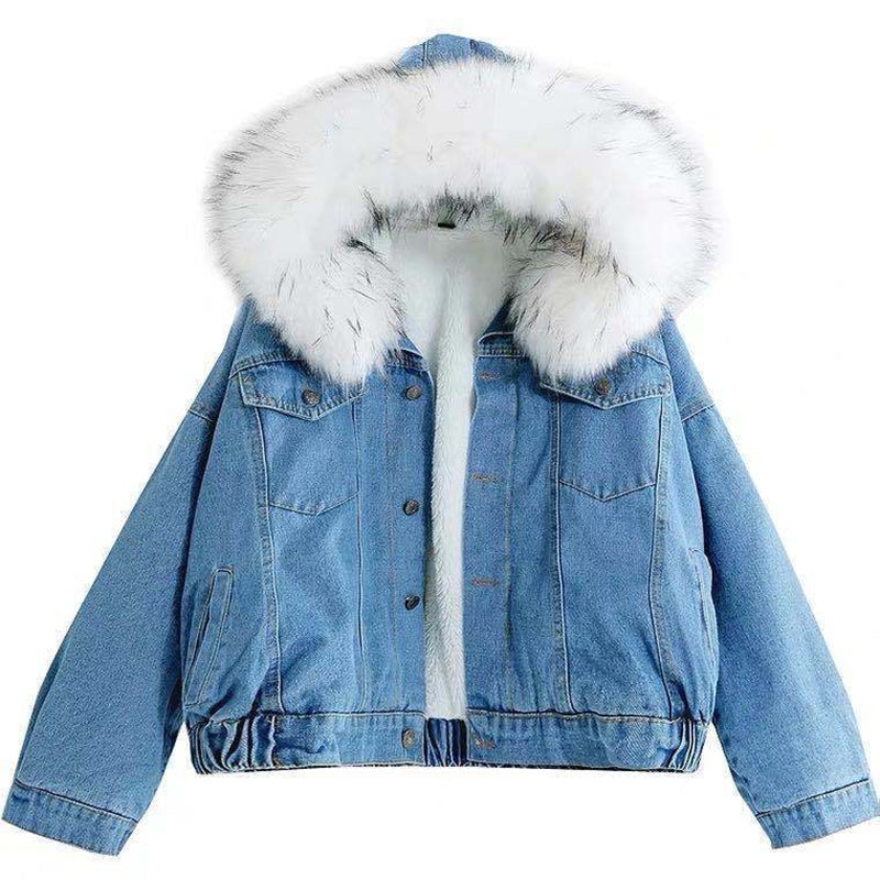 Denim Bomber Jacket with Fur Collar