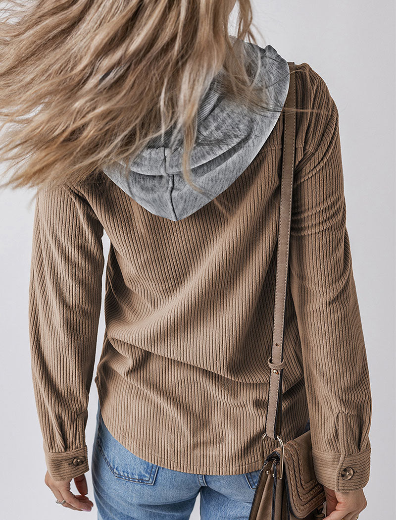 Button-Up Hooded Casual Long Sleeve Top