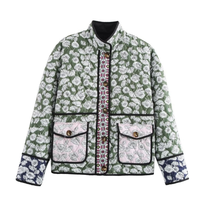 Quilted Floral Contrast Pocket Jacket