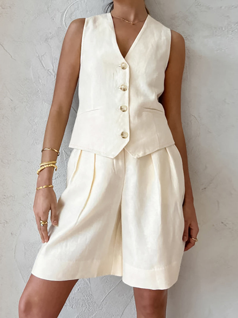 Buttoned Vest and Wide-Leg Shorts Set