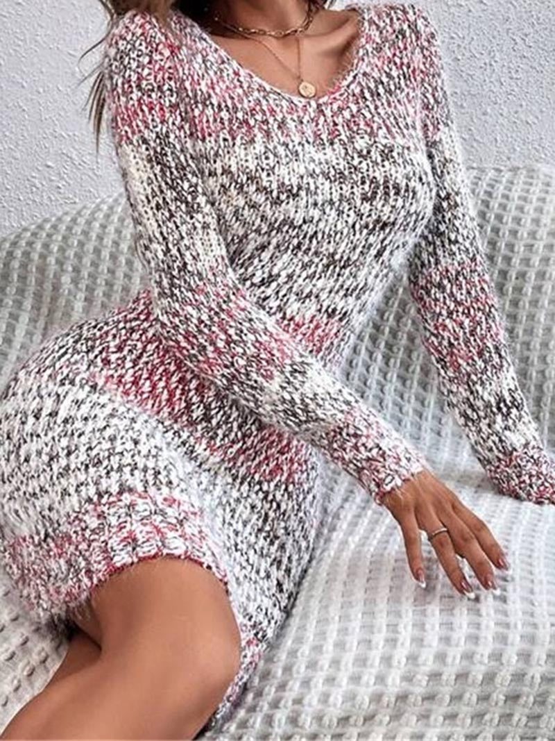 Knitted V-Neck Long-Sleeve Mini Dress