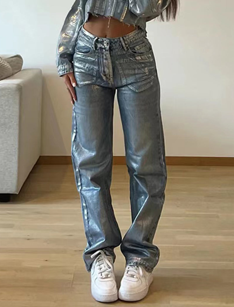 Straight-Leg Blue Silver-Printed Jeans