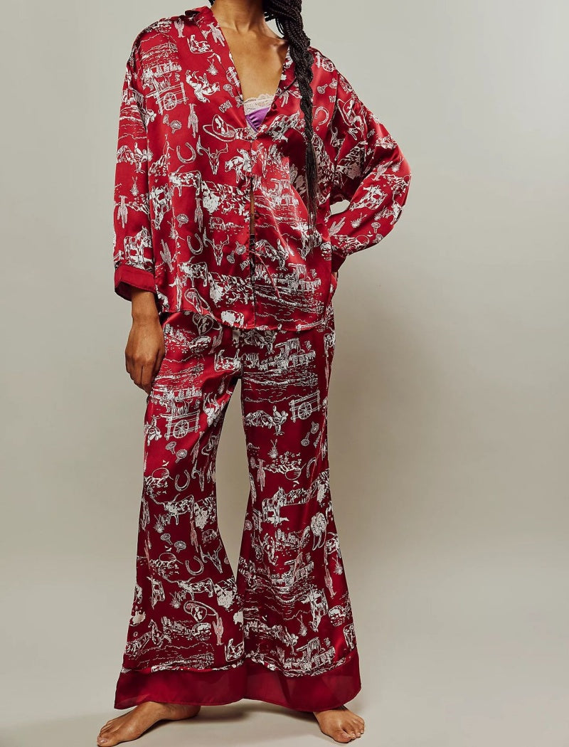 Floral Print Satin Long-Sleeves and Pants Pajama Set