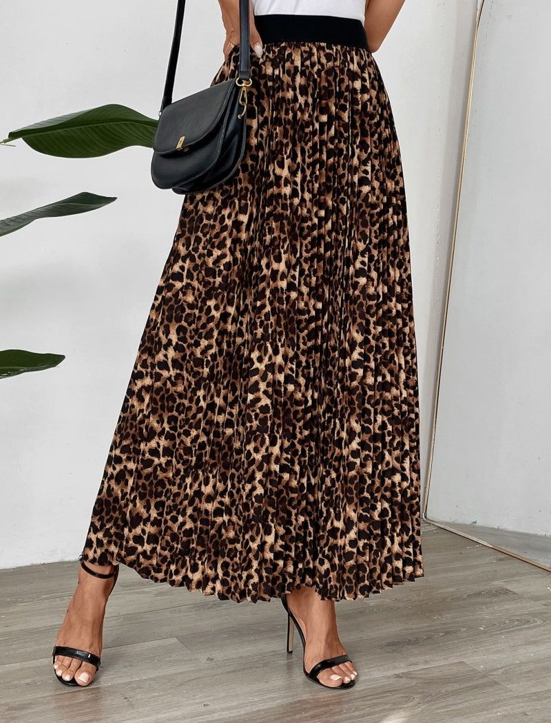 Leopard Print Pleated Midi Skirt