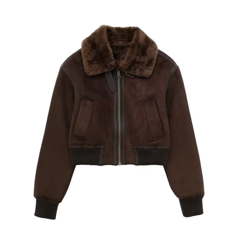 Cropped Shearling Collar Bomber Jacket