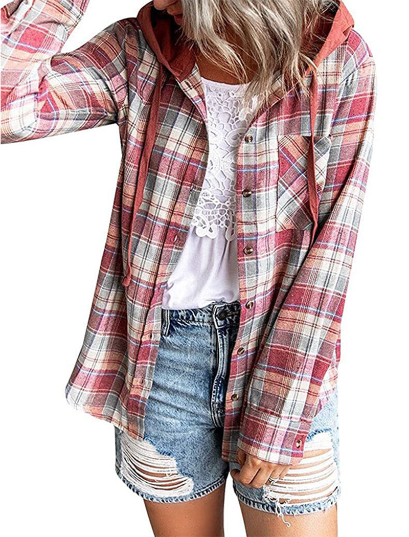 Hooded Plaid Button-Up Shirt